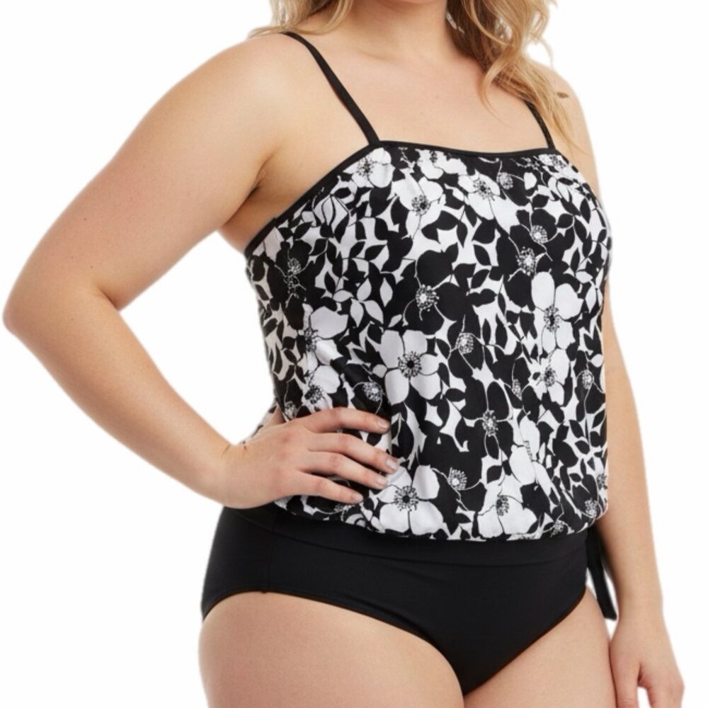 Island Escape Top Womens 16 White Black Botanical Tankini Swimwear Beach Pool